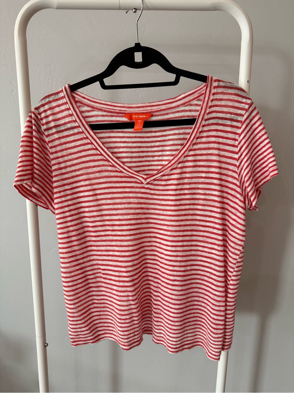 Joe Fresh Pink & White Striped V-Neck Short Sleeve Tee - 100% Linen - Size S